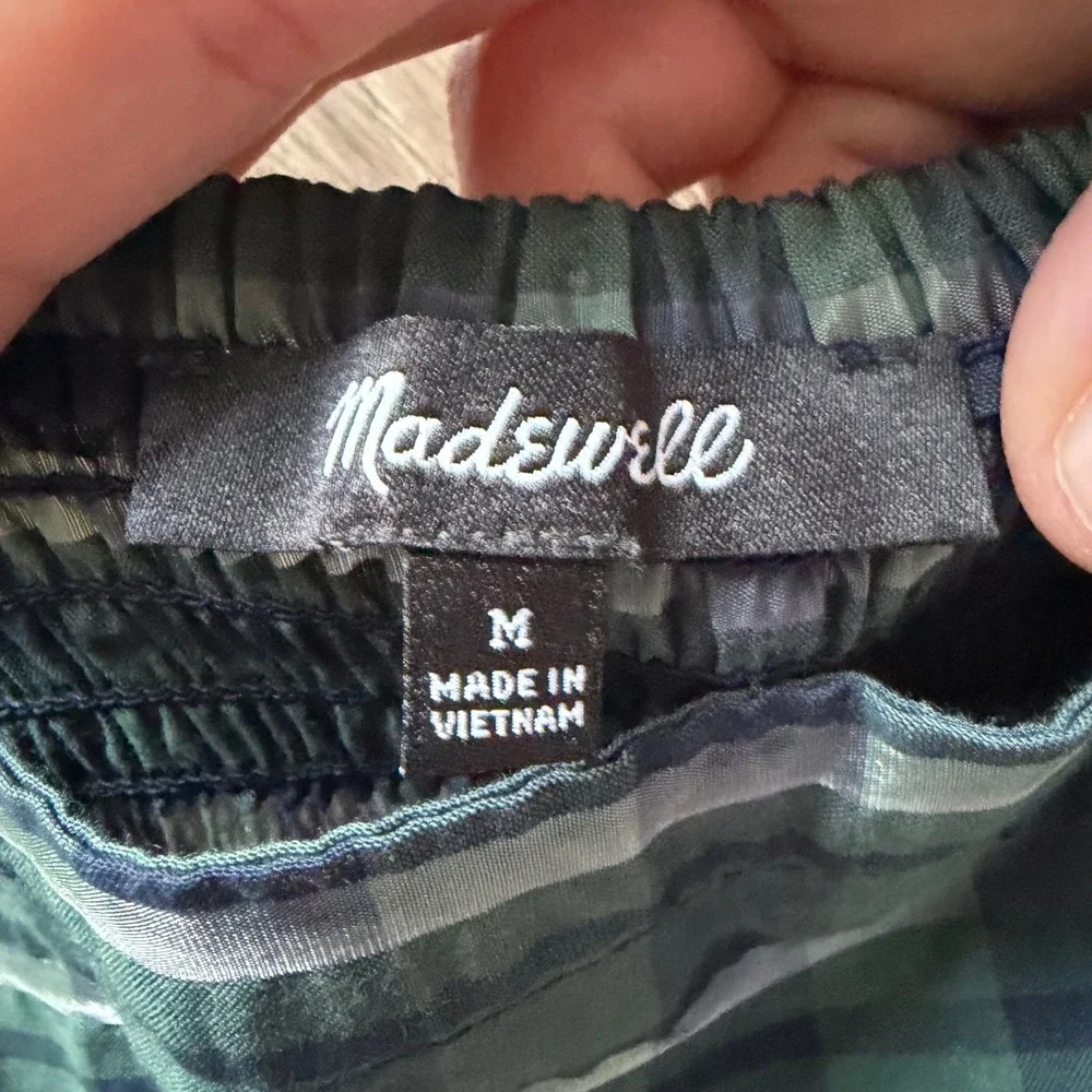 Madewell‎ Green Plaid Puff-Sleeve Square Neck Smocked Crop Top Medium Preppy